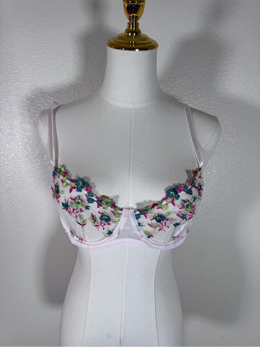 Sheer White Embroidered Balconette Bra with Floral Accents